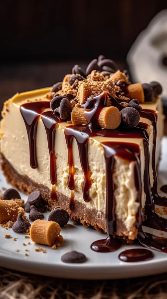 Delicious Monster Peanut Butter Cheesecake Pie topped with peanut butter and chocolate.