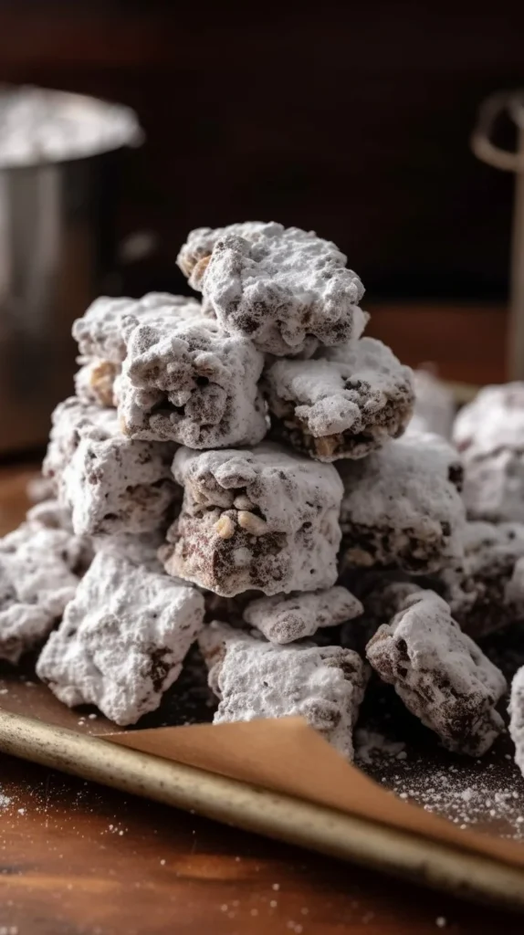 Delicious Muddy Buddies Bars with chocolate and snack mix toppings