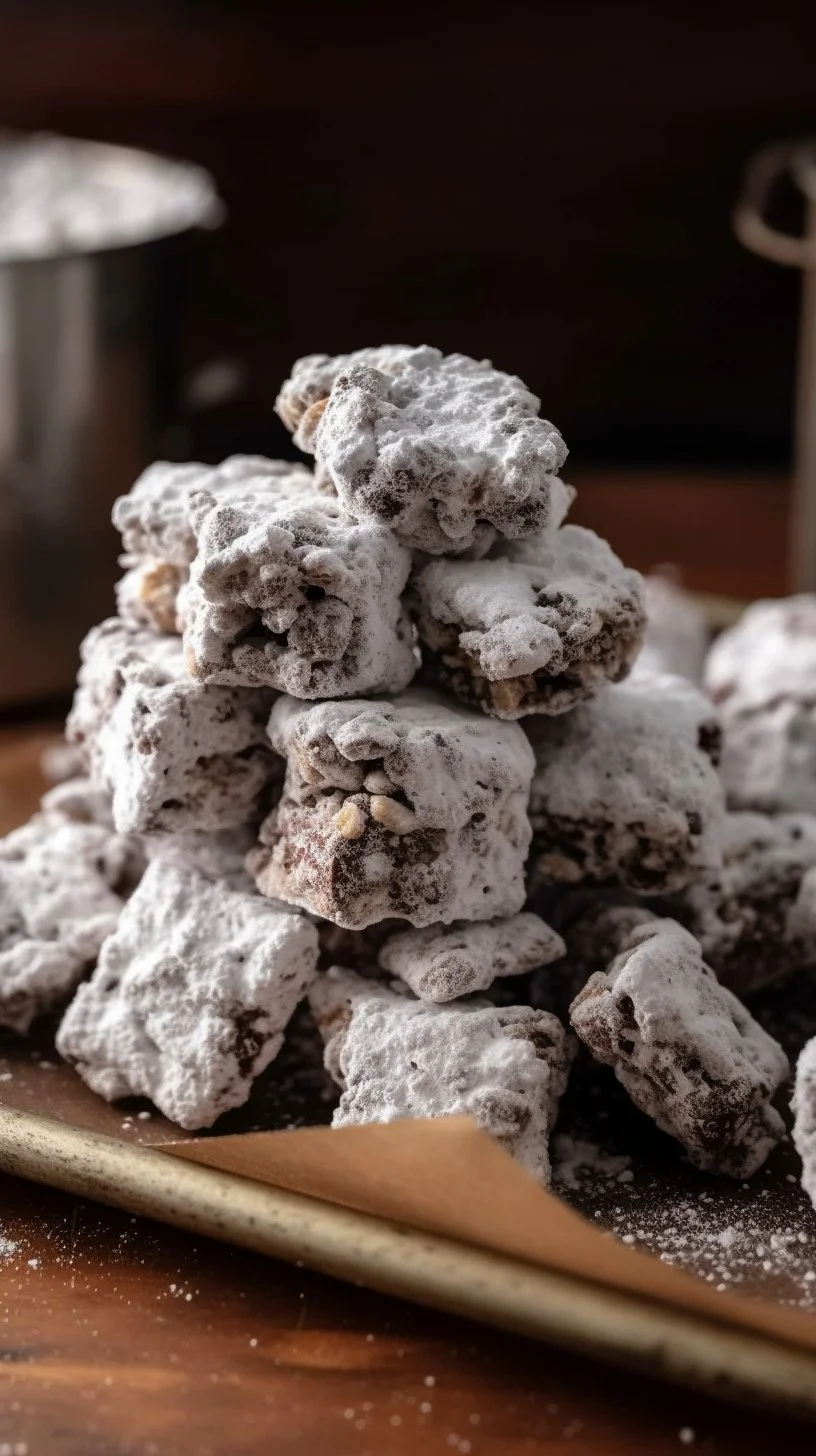 Delicious Muddy Buddies Bars with chocolate and snack mix toppings