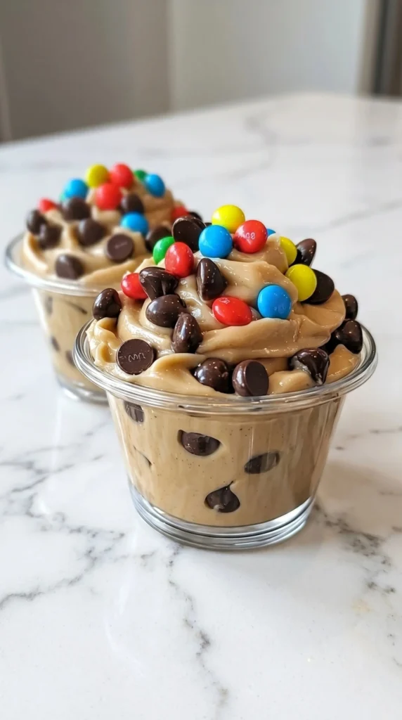 No-Bake Chocolate Chip Cookie Dough M&M Cups on a white plate