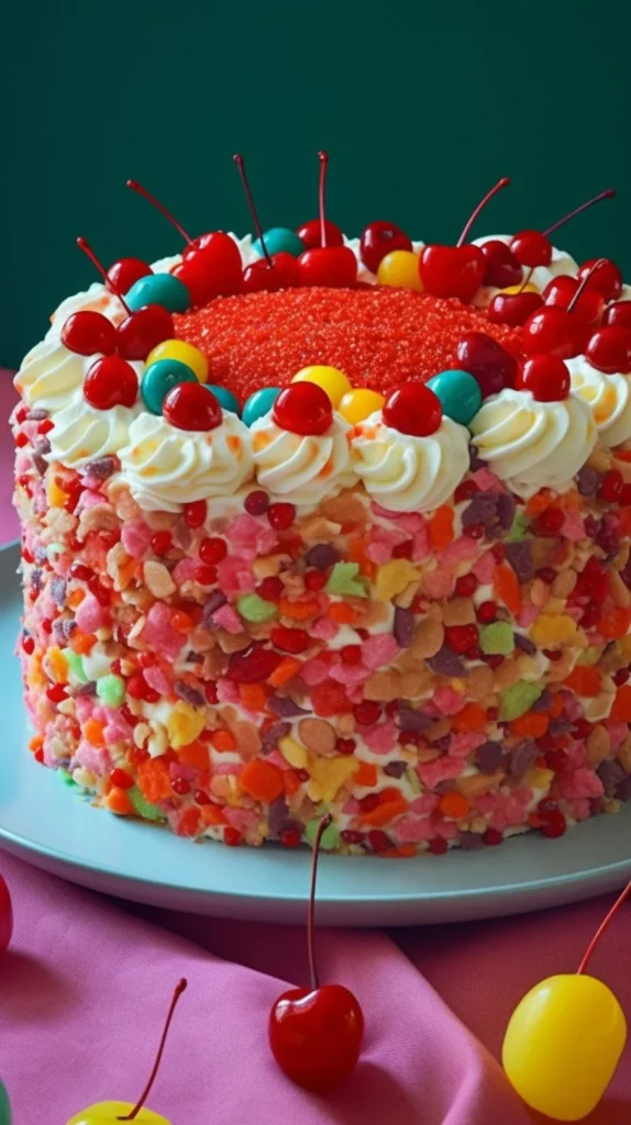 No-bake Fruity Pebbles Cheesecake topped with colorful cereal and whipped cream