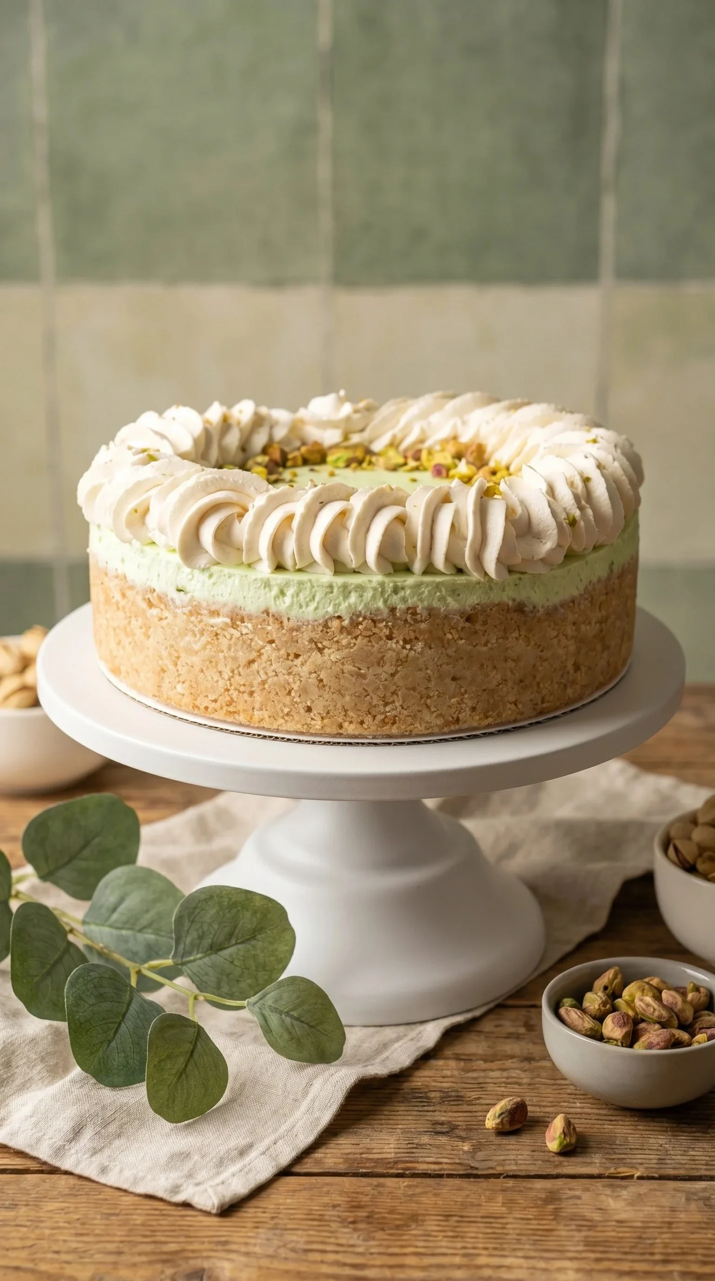 Delicious no bake pistachio cheesecake topped with whipped cream and pistachios