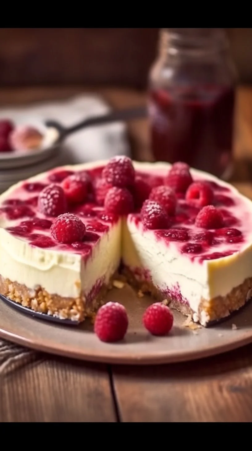 Delicious no-bake raspberry cheesecake topped with fresh raspberries