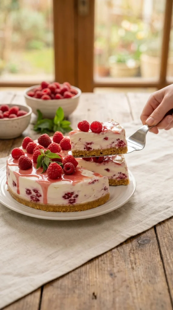 Delicious no bake raspberry swirl cheesecake with a creamy texture and fruity topping