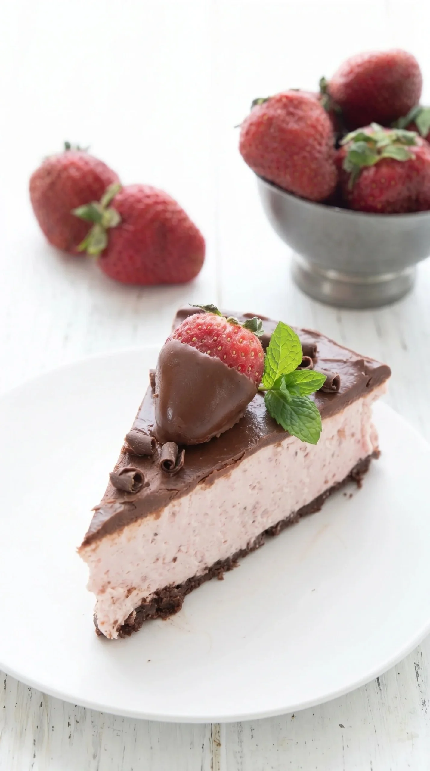 Delicious no-bake strawberry chocolate cheesecake with fresh strawberries and chocolate drizzle.