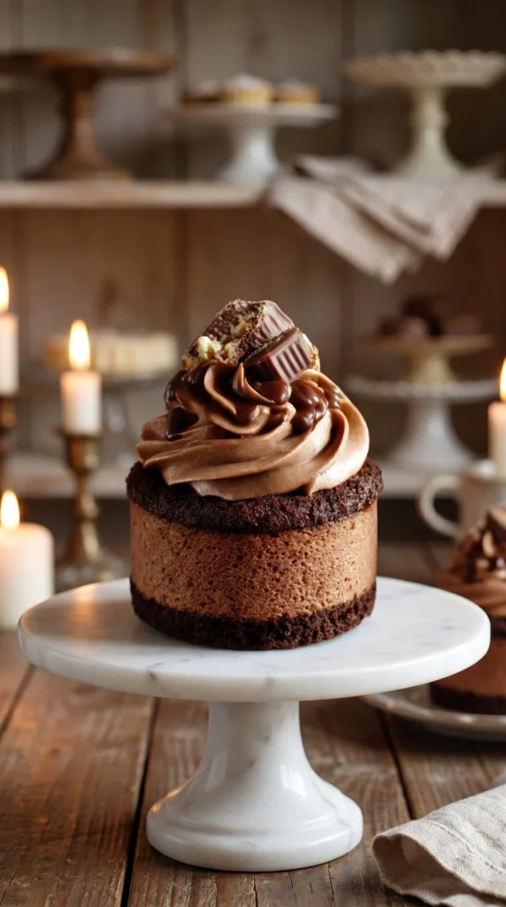 Nutella cheesecake cupcakes topped with chocolate drizzle and hazelnuts