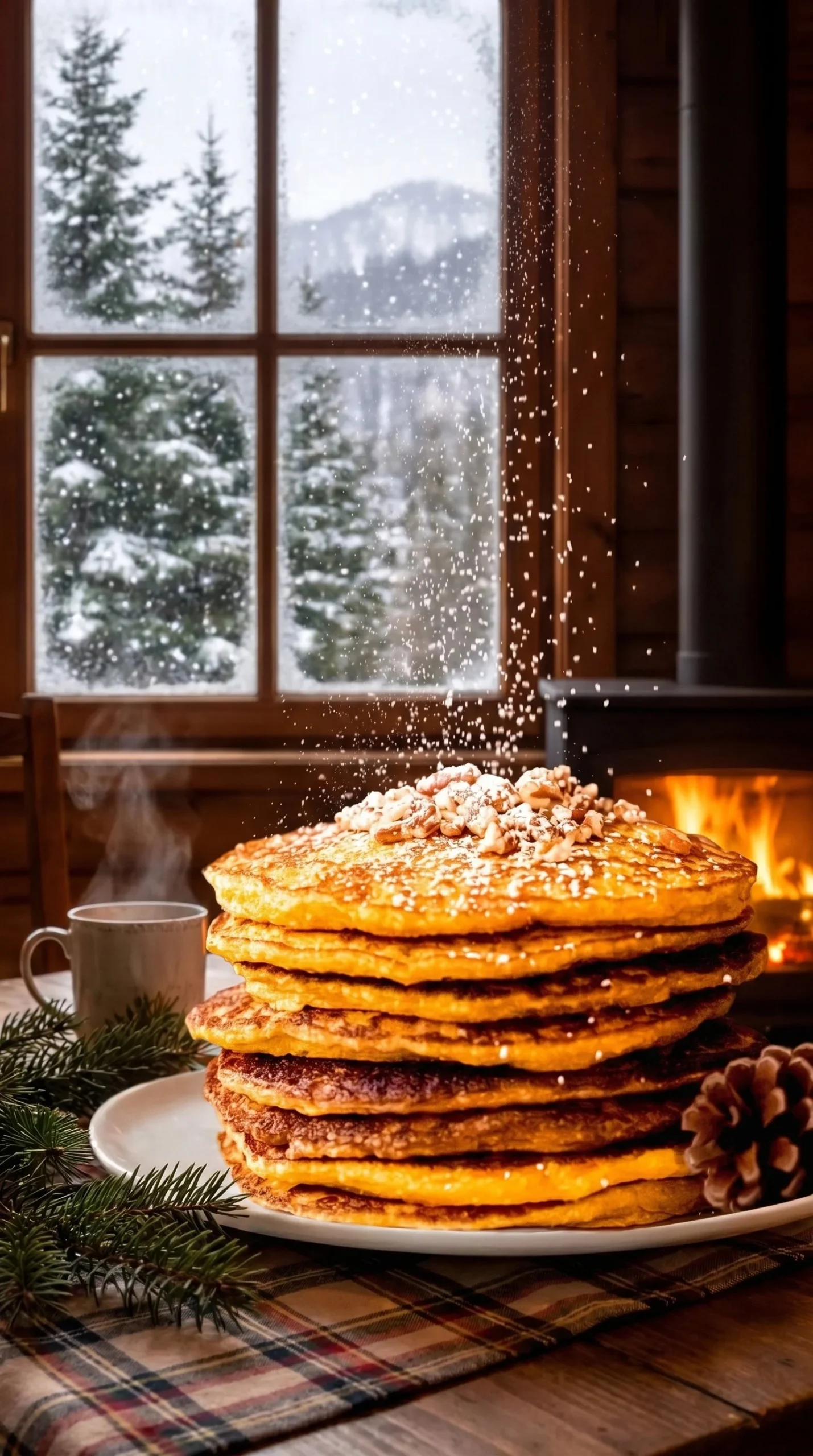 Oatmeal pumpkin protein pancakes topped with fresh fruit and cottage cheese