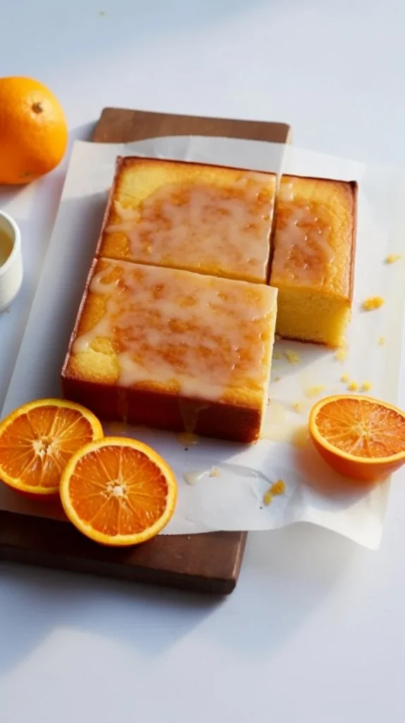 Delicious slice of moist Orange Butter Cake topped with fresh orange zest.