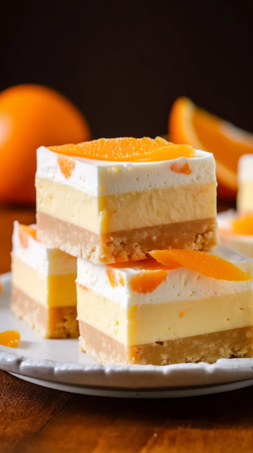 Homemade orange creamsicle bars served on a platter with fresh oranges.