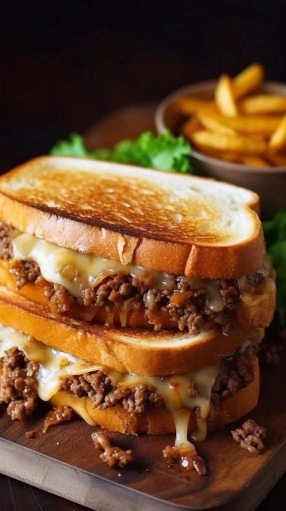 Delicious patty melt with secret sauce on toasted bread, garnished with onions.