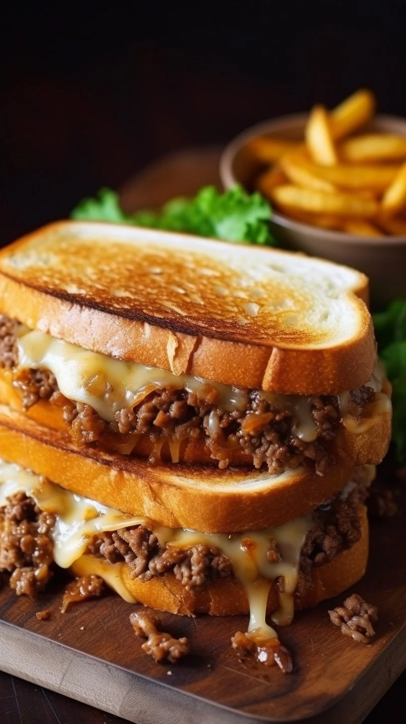Delicious patty melt with secret sauce on toasted bread, garnished with onions.