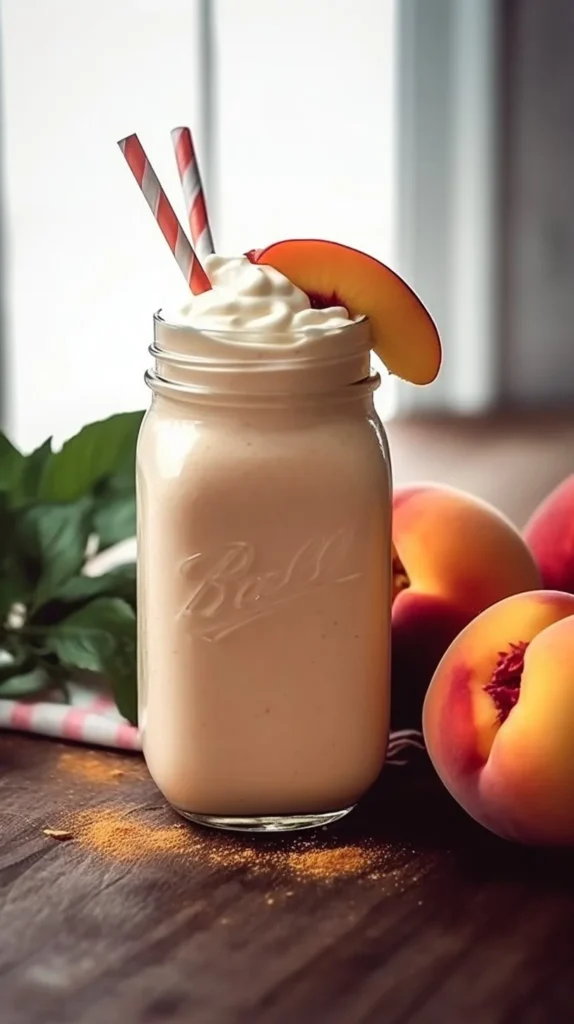 Delicious peach milkshake topped with whipped cream and a peach slice