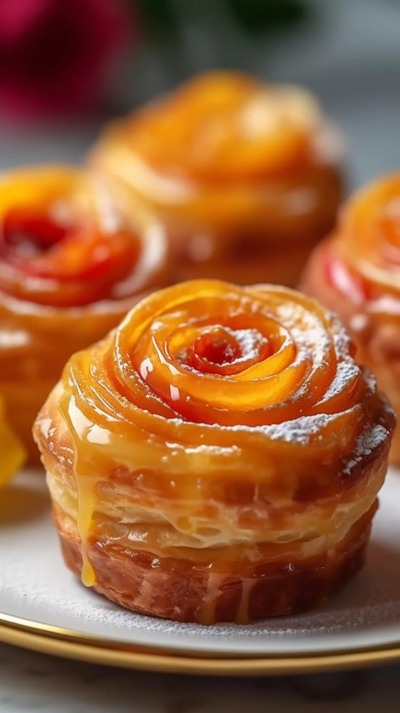 Delicious Peach Pie Cruffins Twists displayed on a wooden table.