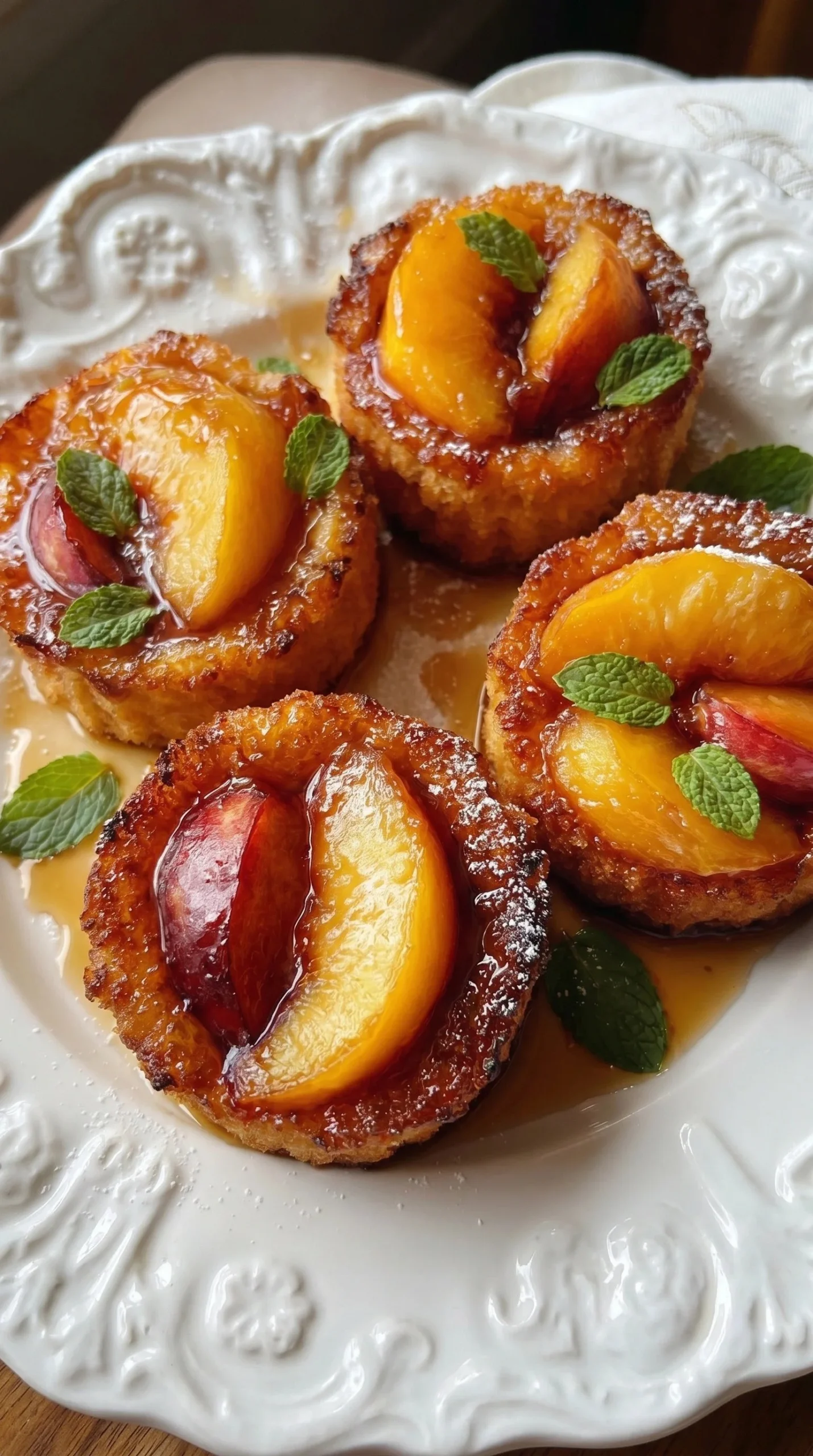 Peach Upside Down Cupcakes topped with caramelized peaches