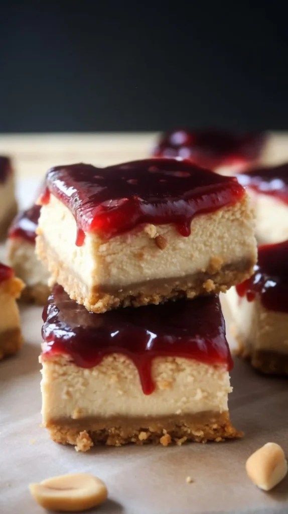 Peanut Butter and Jelly Cheesecake Bars ready to serve