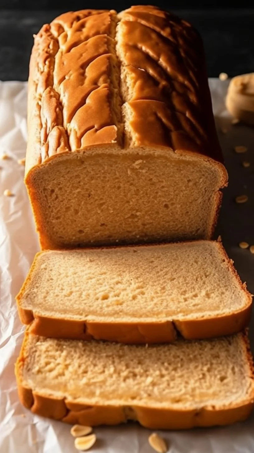 Homemade peanut butter bread sliced on a wooden board