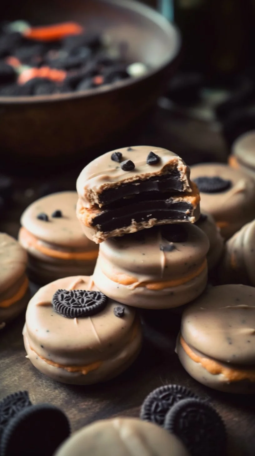 A delectable Peanut Butter Dipped Oreo cookie coated in creamy peanut butter.