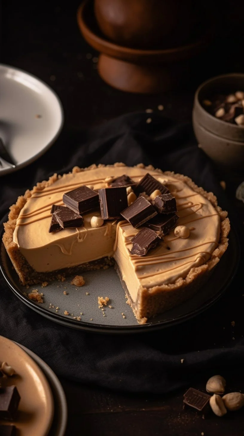 Delicious no-bake Peanut Butter Mousse Pie topped with chocolate and peanuts