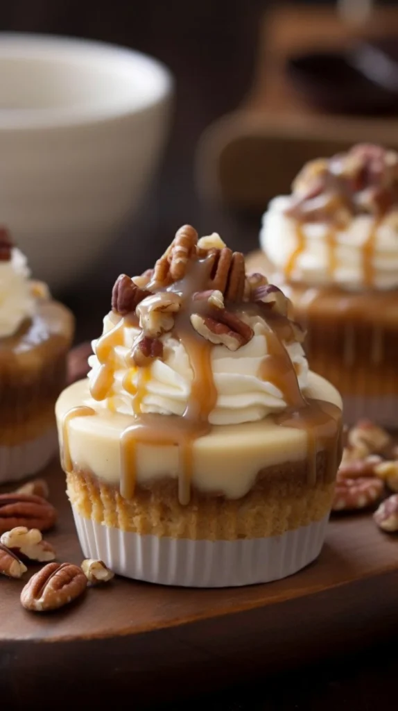 Delicious pecan cheesecake cups topped with caramel and pecans