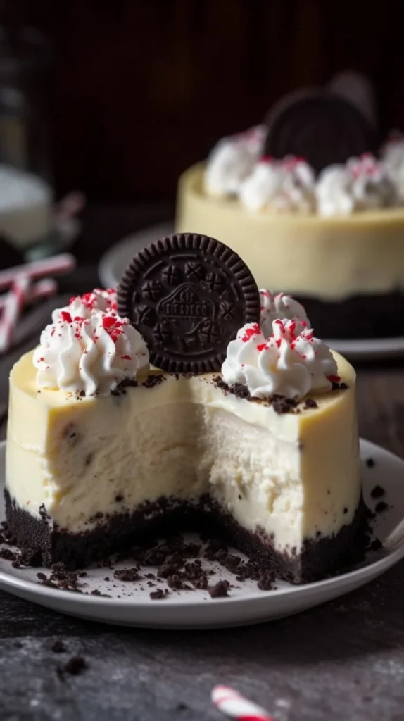 Peppermint cheesecake topped with chocolate shavings on an Oreo crust
