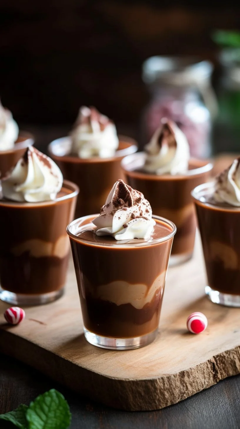 Peppermint espresso martini pudding shots in festive glasses