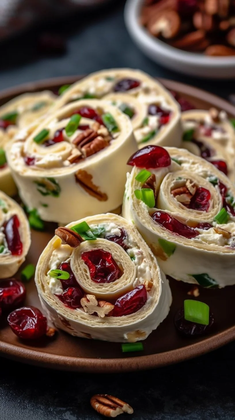 Pineapple Cranberry Cream Cheese Party Pinwheels served on a platter