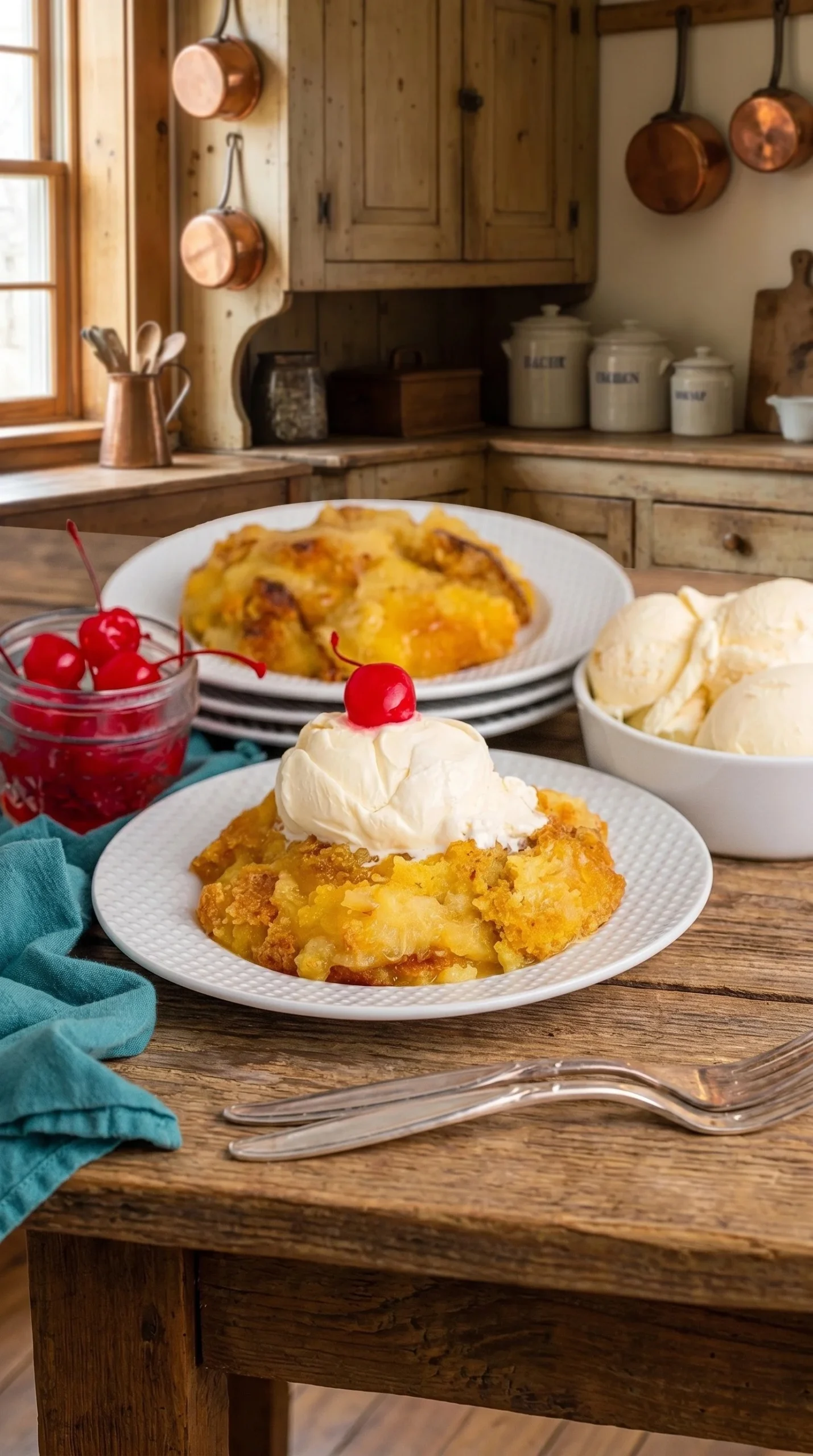 Delicious Pineapple Dump Cake topped with whipped cream and pineapple slices