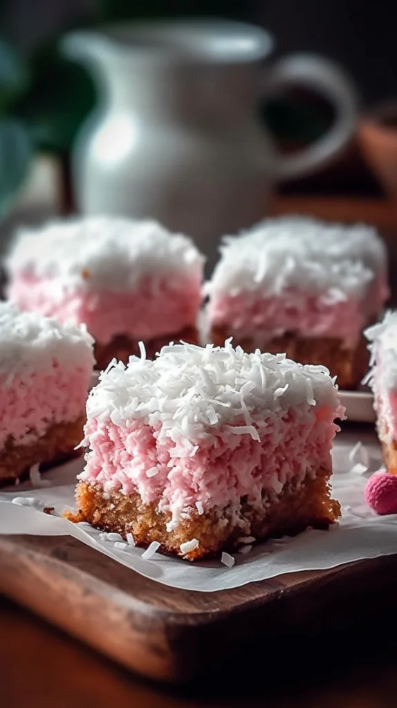 Pink Coconut Snowball Cake Bars topped with coconut and pink frosting