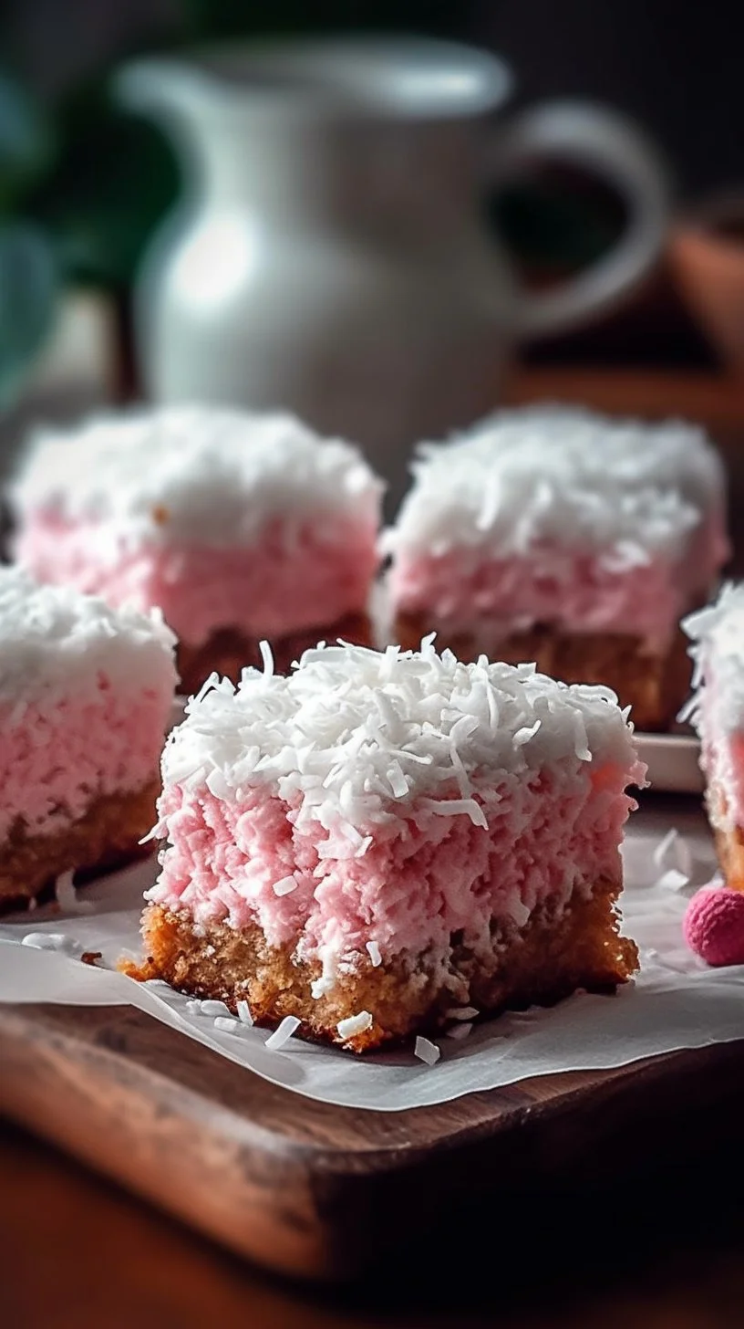 Pink Coconut Snowball Cake Bars topped with coconut and pink frosting