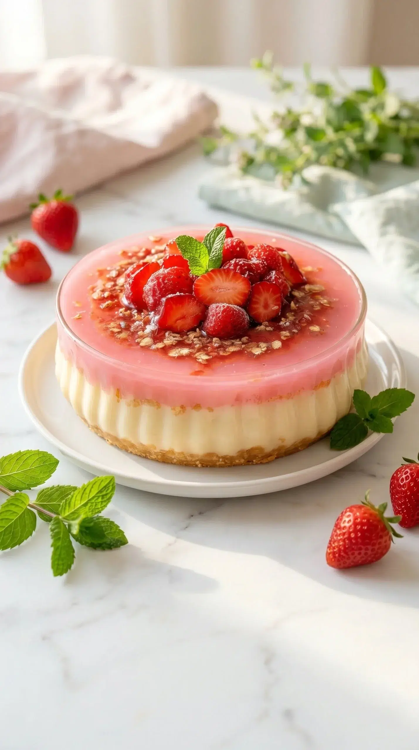 Delicious pink strawberry dessert topped with fresh strawberries and whipped cream