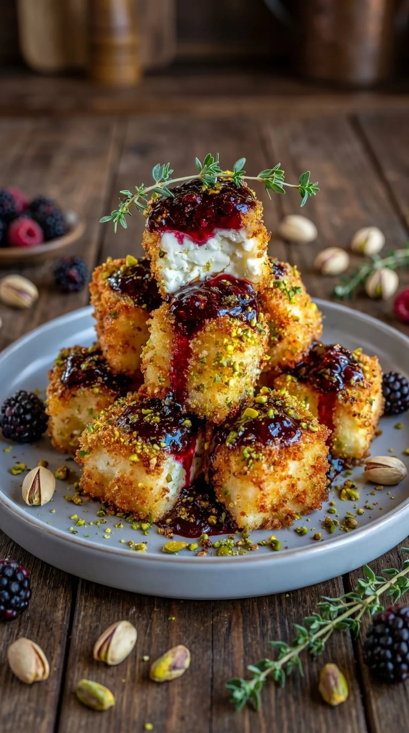 Pistachio Feta Bites topped with blackberry honey glaze