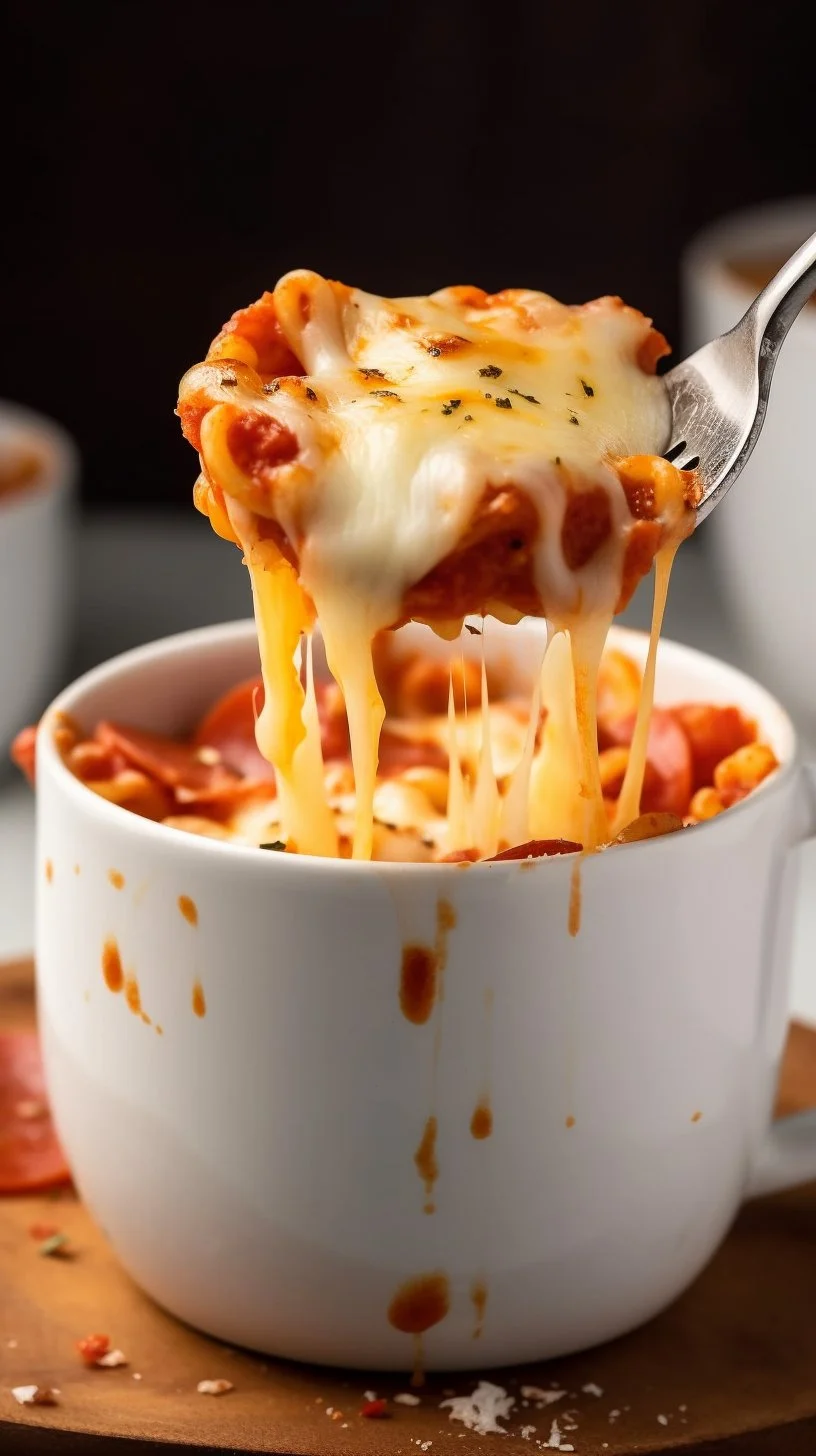 A delicious pizza in a mug, showcasing melted cheese and toppings.
