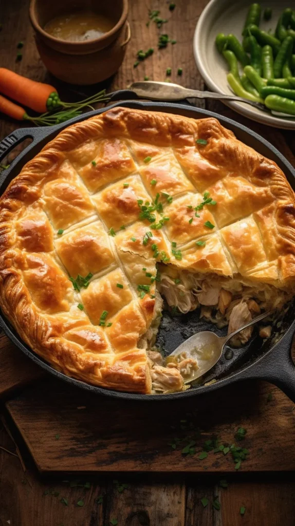 Delicious Puff Pastry Chicken Pot Pie served in a rustic dish, showcasing its flaky crust.
