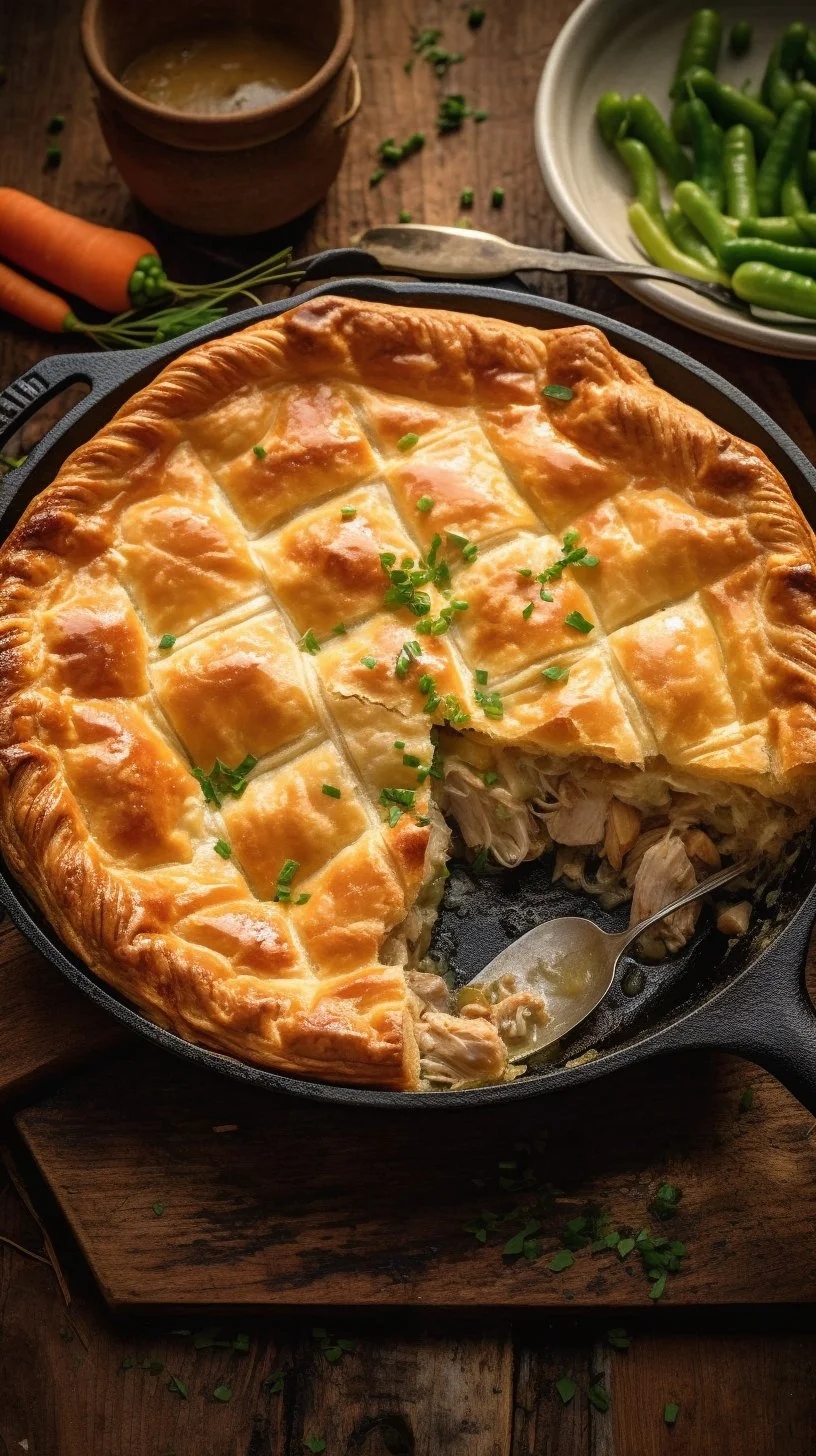 Delicious Puff Pastry Chicken Pot Pie served in a rustic dish, showcasing its flaky crust.
