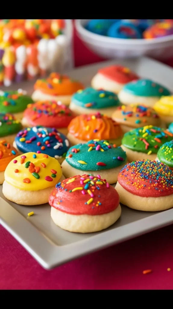 Rainbow marshmallow-stuffed donut holes on a colorful plate