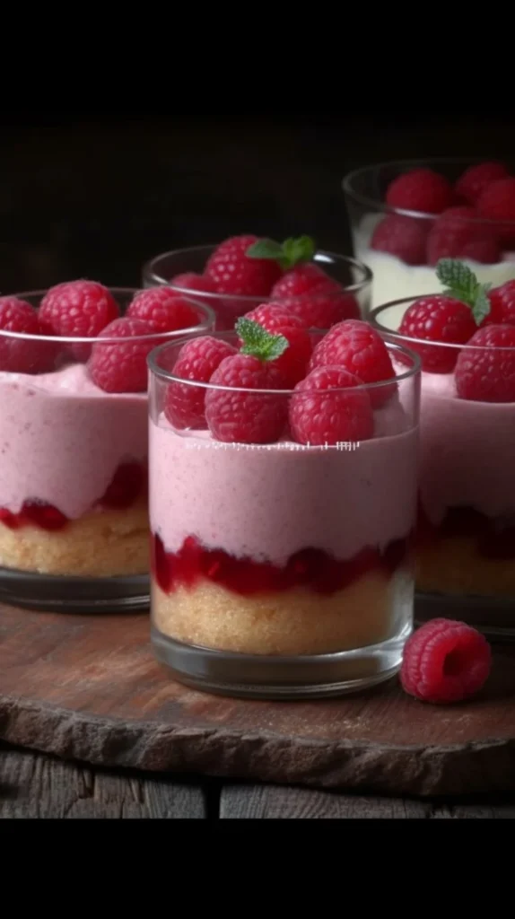 Delicious Raspberry Charlotte served in a glass with fresh raspberries and cream.