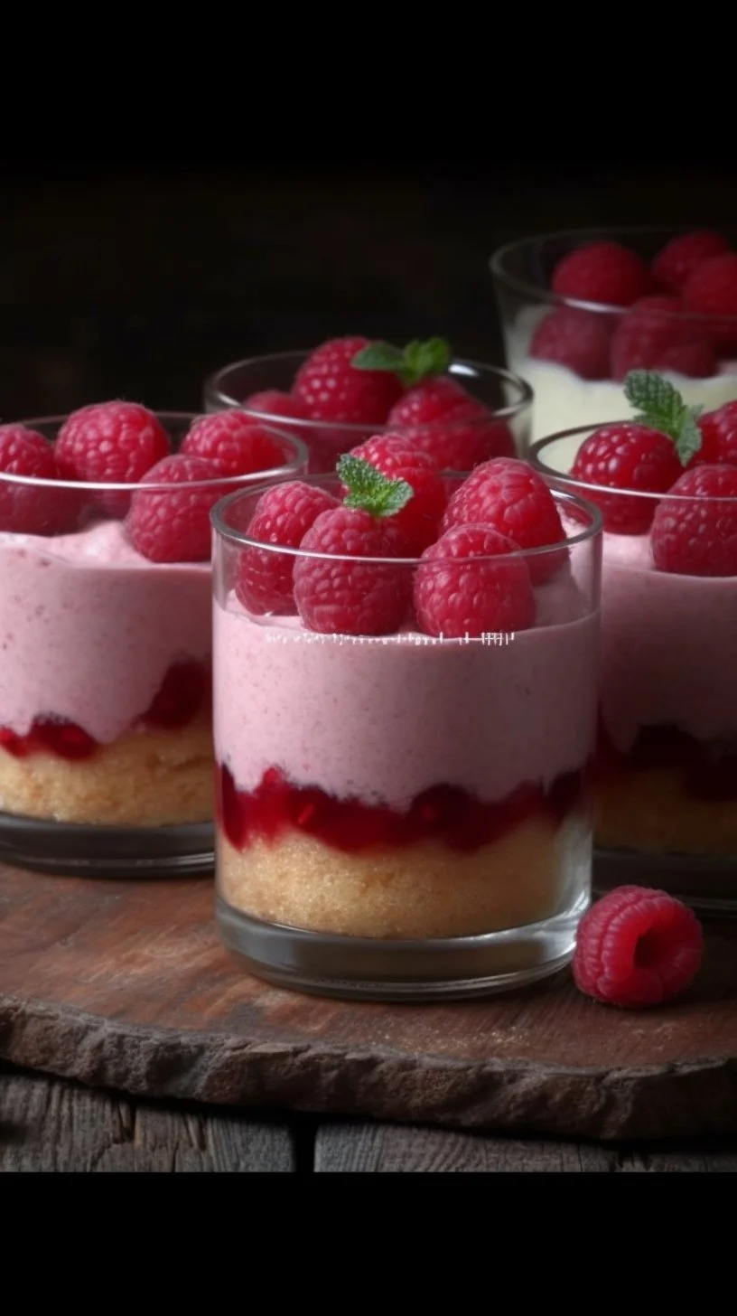 Delicious Raspberry Charlotte served in a glass with fresh raspberries and cream.