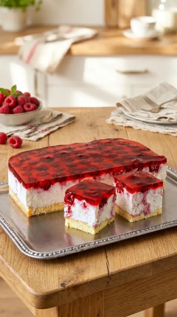 Delicious Raspberry Cream Rice Squares dessert with fresh raspberries and creamy texture.