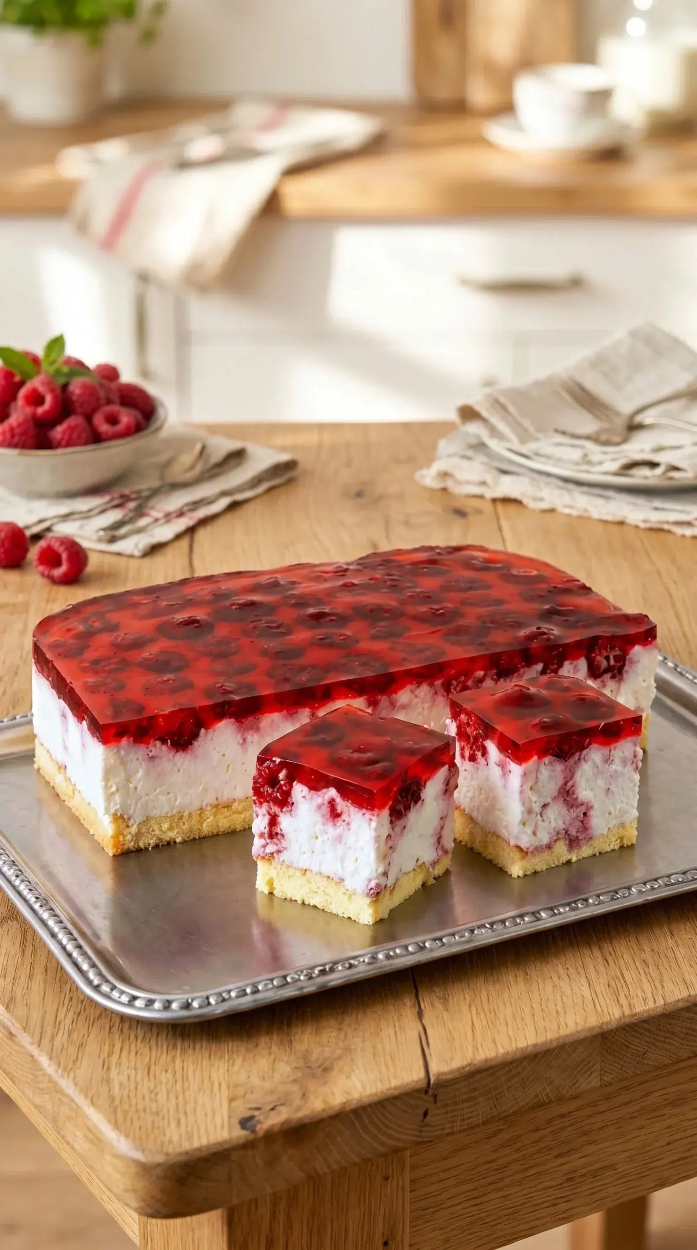 Delicious Raspberry Cream Rice Squares dessert with fresh raspberries and creamy texture.