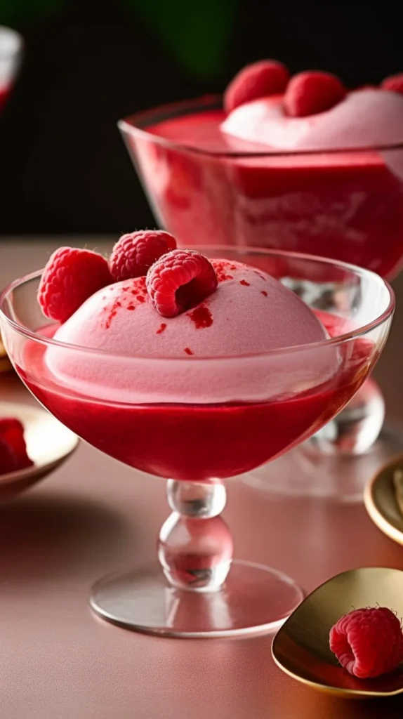 Delicious raspberry mousse dessert topped with fresh raspberries and mint