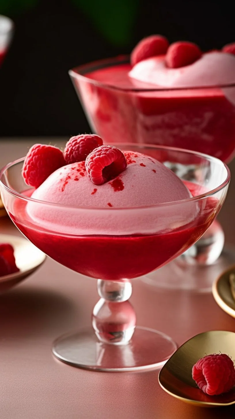 Delicious raspberry mousse dessert topped with fresh raspberries and mint