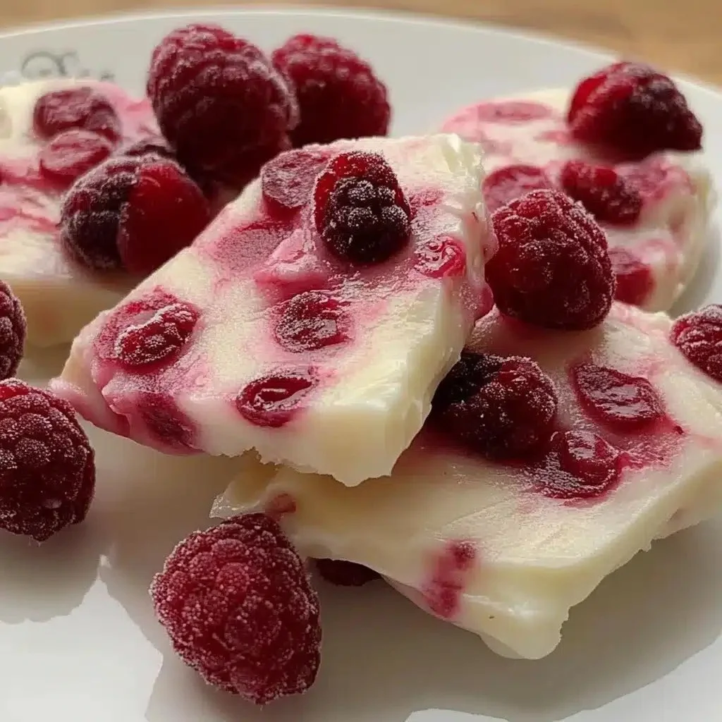 Homemade raspberry yogurt bites on a white plate, healthy snack idea.