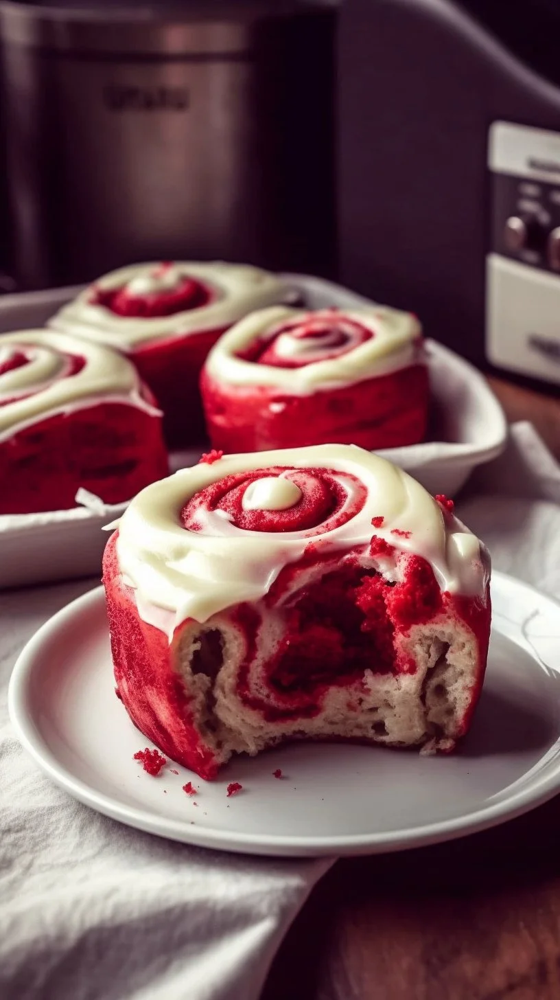 Red velvet cinnamon rolls topped with cream cheese frosting