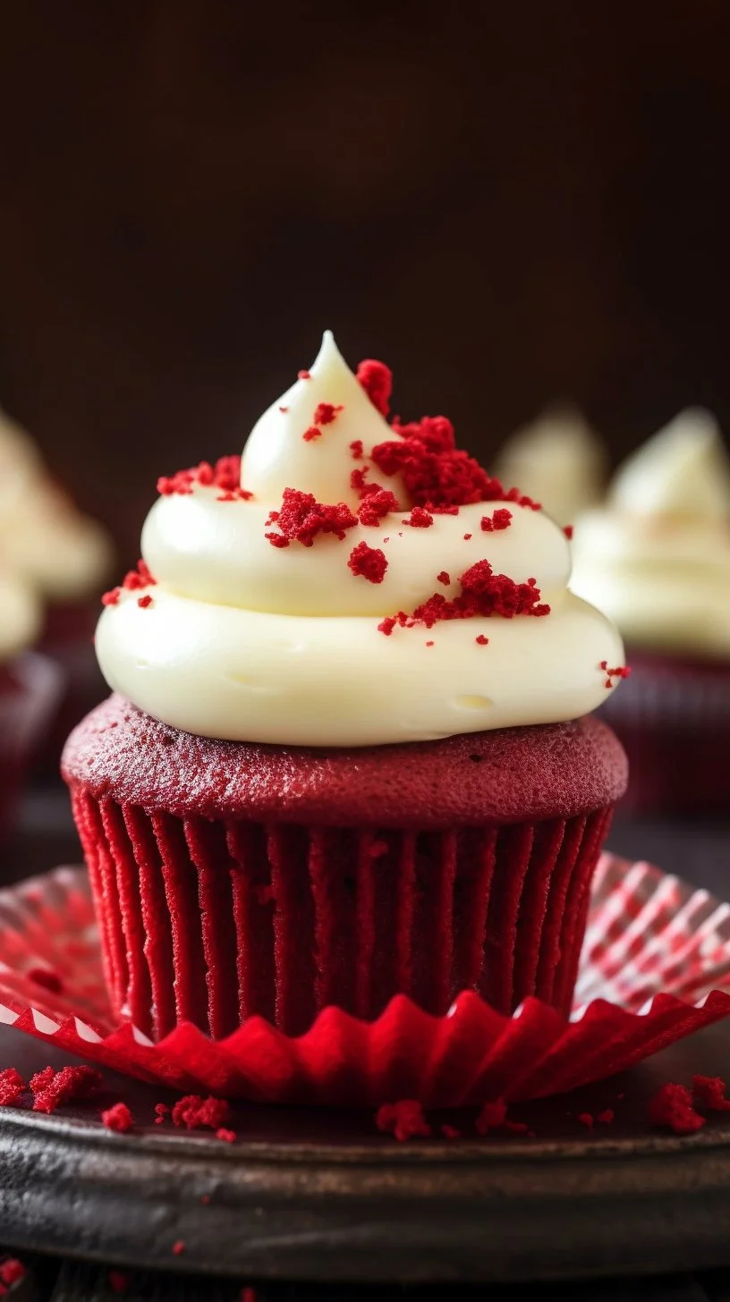 Delicious red velvet cupcakes with cream cheese frosting on a white plate.