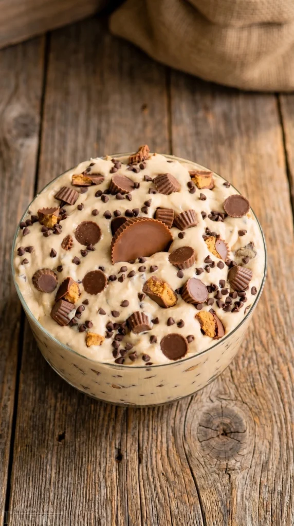 Delicious bowl of Reese's Peanut Butter Fluff dessert topped with chocolate