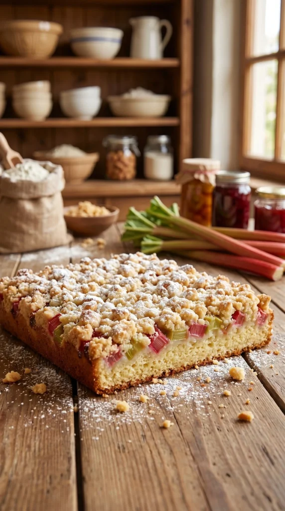 Delicious rhubarb sprinkle cake topped with colorful sprinkles and fresh rhubarb