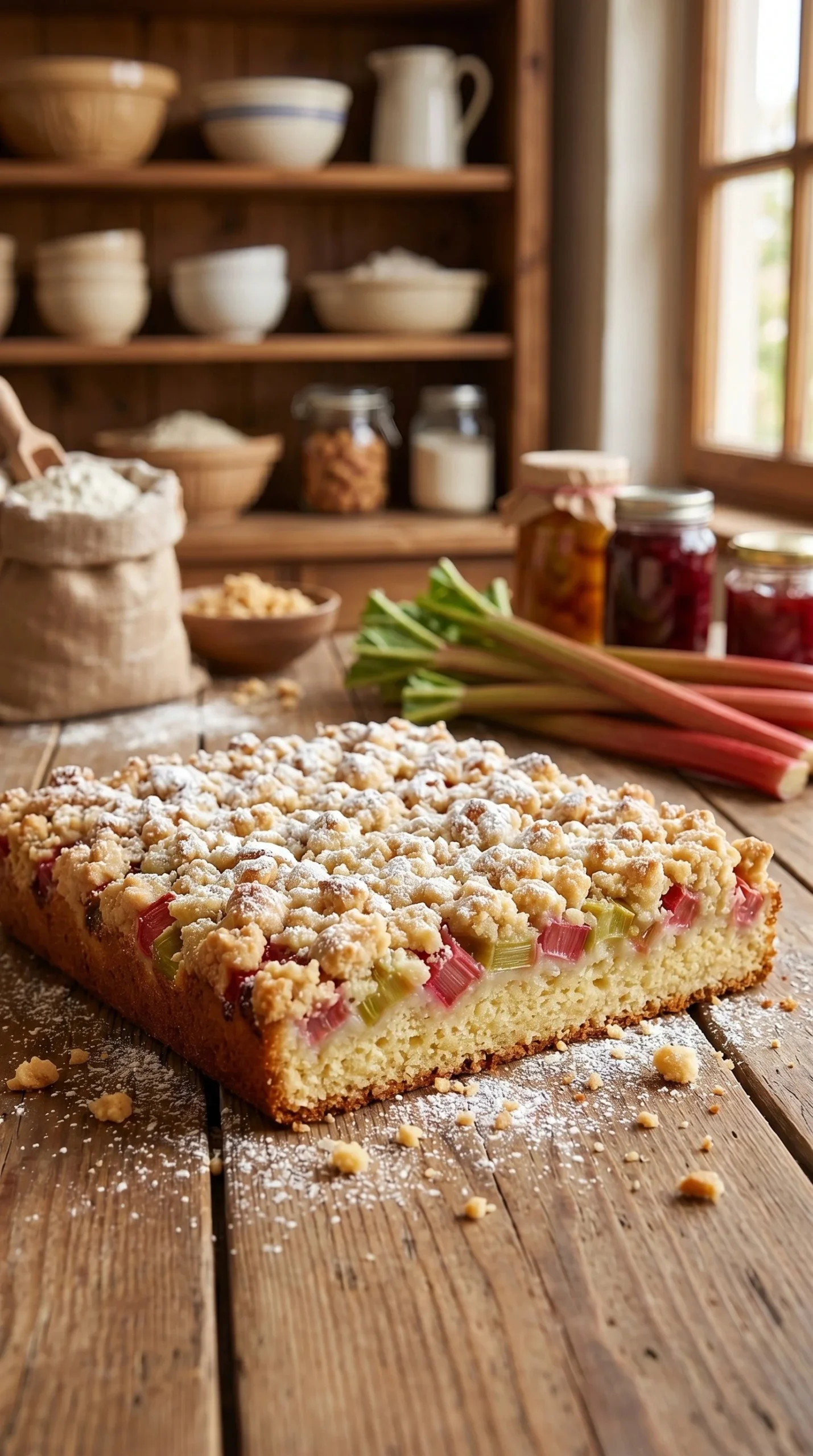 Delicious rhubarb sprinkle cake topped with colorful sprinkles and fresh rhubarb