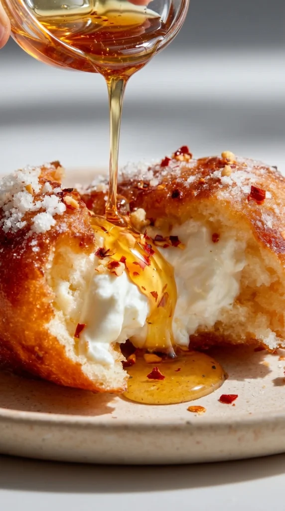 Savory jelly donuts filled with burrata and drizzled with hot honey