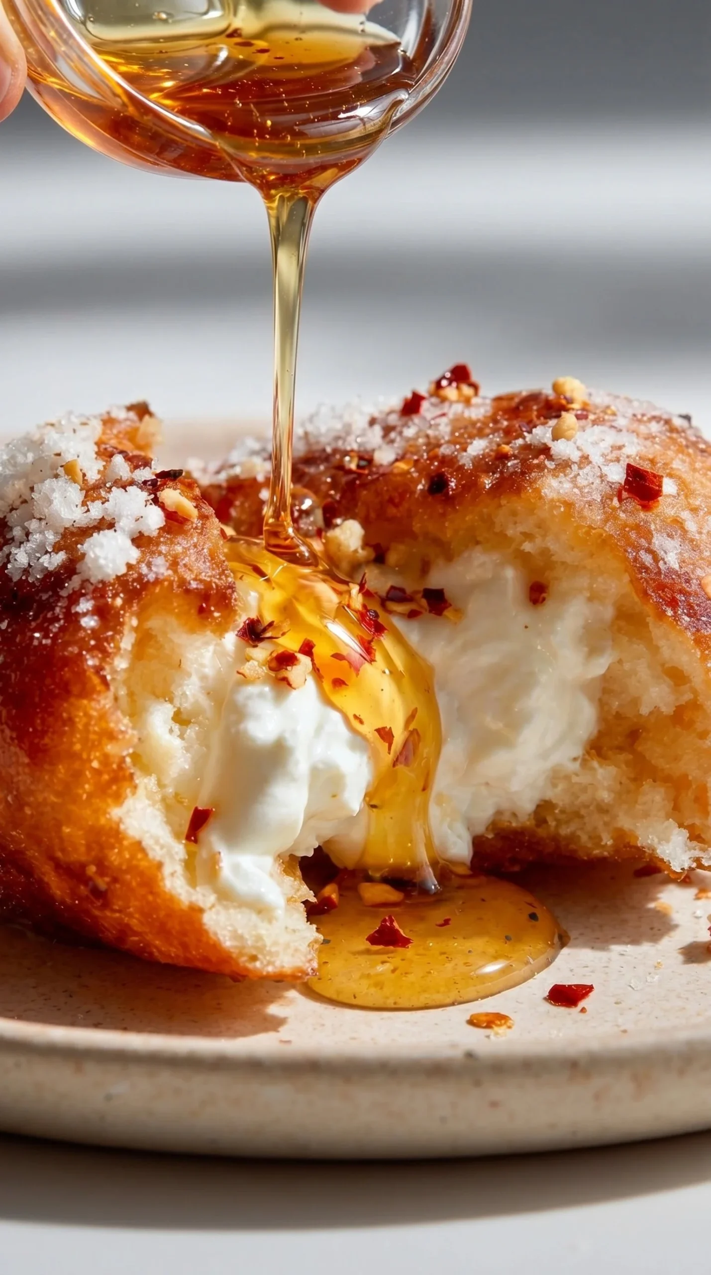 Savory jelly donuts filled with burrata and drizzled with hot honey