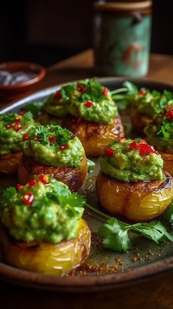 Smashed potatoes topped with creamy avocado and chili honey drizzled on top.